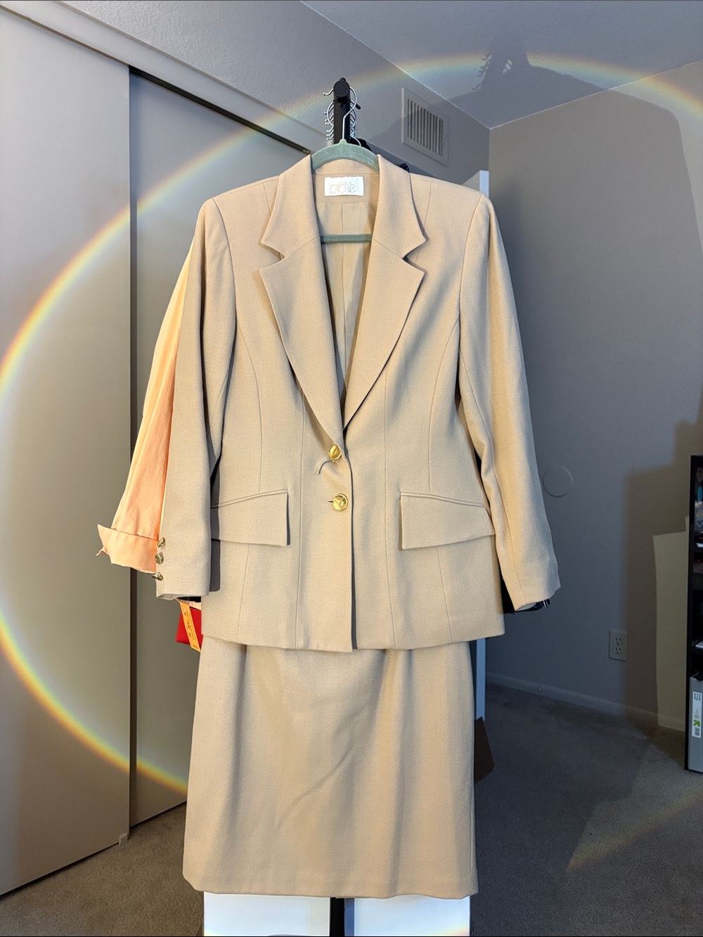Caché Beige Blazer and skirt with Gold Button Detail